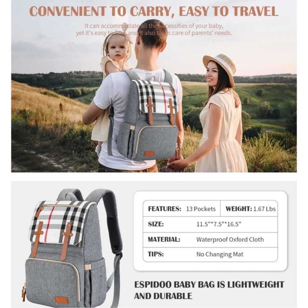 Espidoo Diaper Bag Stylish Gray Backpack with Tan Accents - Picture 4 of 10